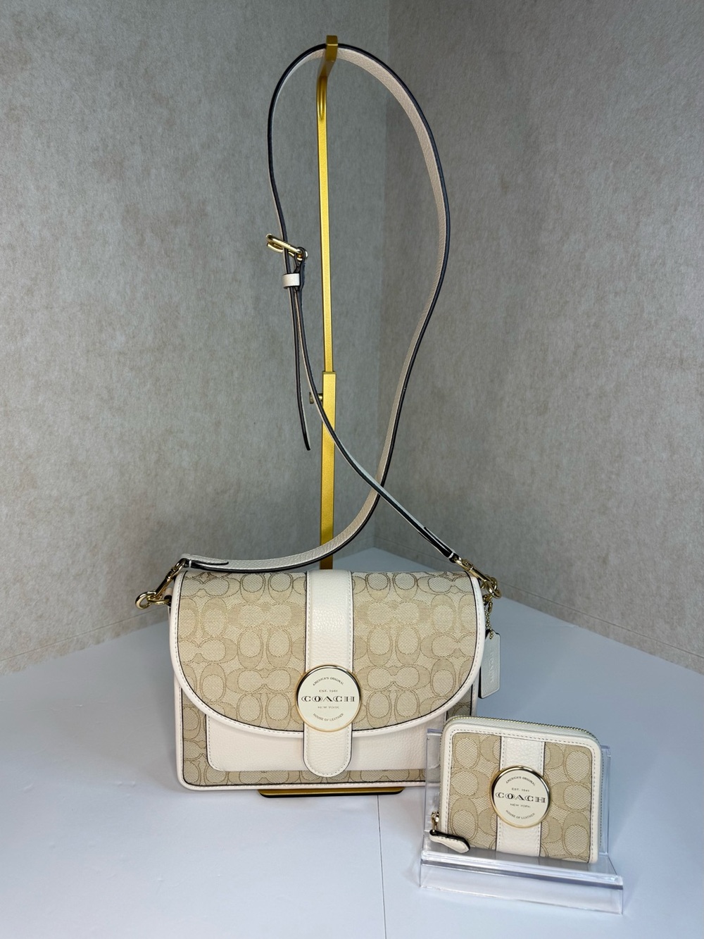 Coach Lonnie Jacquard/Leather Signature Crossbody Bag & Matching Wallet -Chalk